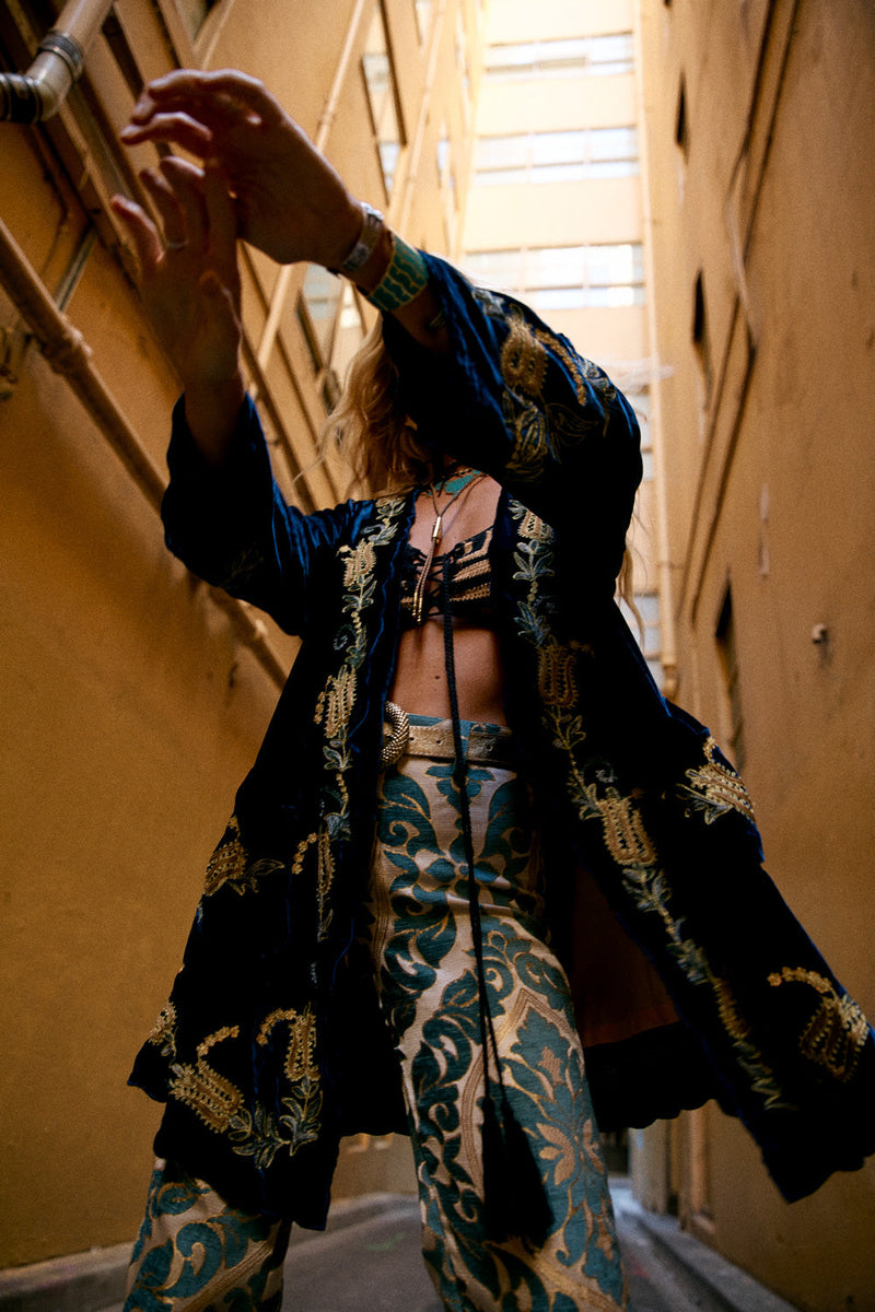 Proud Mary Silk Velvet And Embroidered Short Housecoat - Midnight - Chasing Unicorns