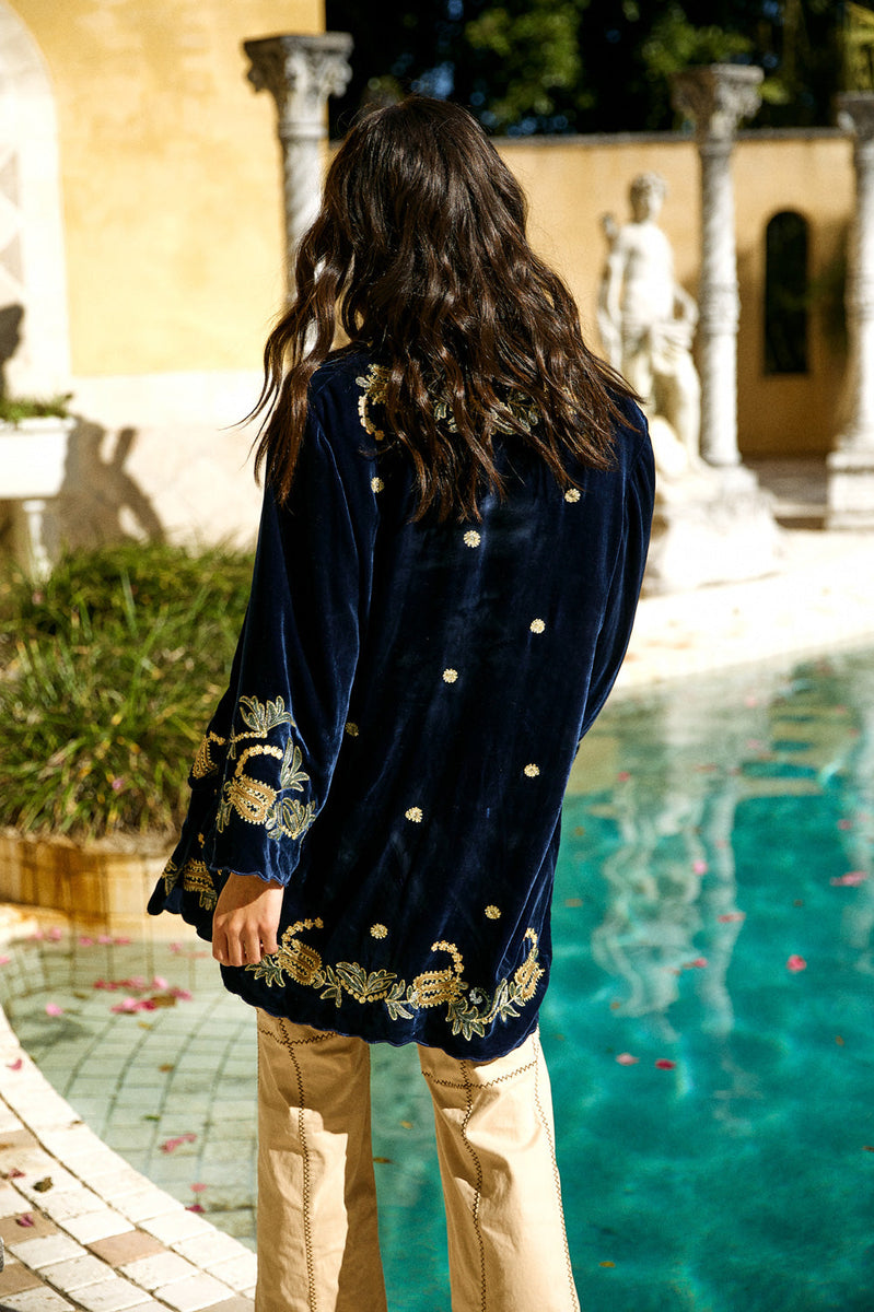 Proud Mary Silk Velvet And Embroidered Short Housecoat - Midnight - Chasing Unicorns