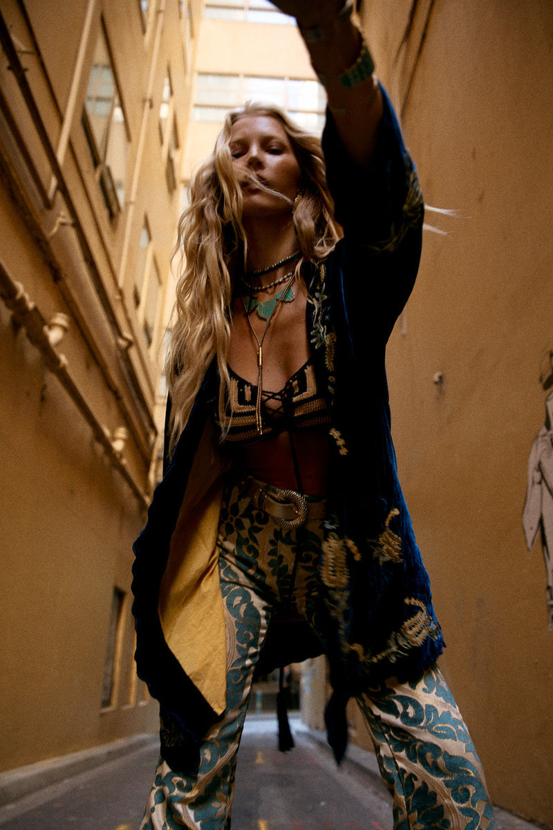 Proud Mary Silk Velvet And Embroidered Short Housecoat - Midnight - Chasing Unicorns