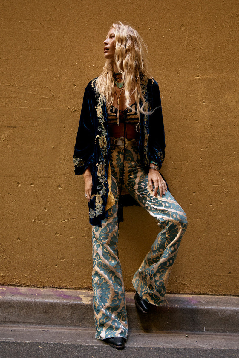 Proud Mary Silk Velvet And Embroidered Short Housecoat - Midnight - Chasing Unicorns