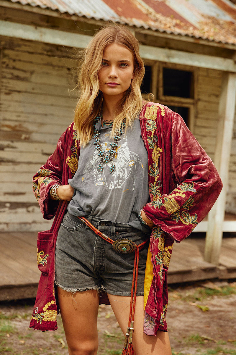 Proud Mary Silk Velvet And Embroidered Short Housecoat - Ruby - Chasing Unicorns