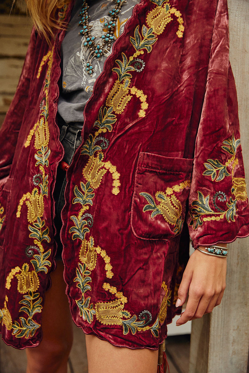 Proud Mary Silk Velvet And Embroidered Short Housecoat - Ruby - Chasing Unicorns