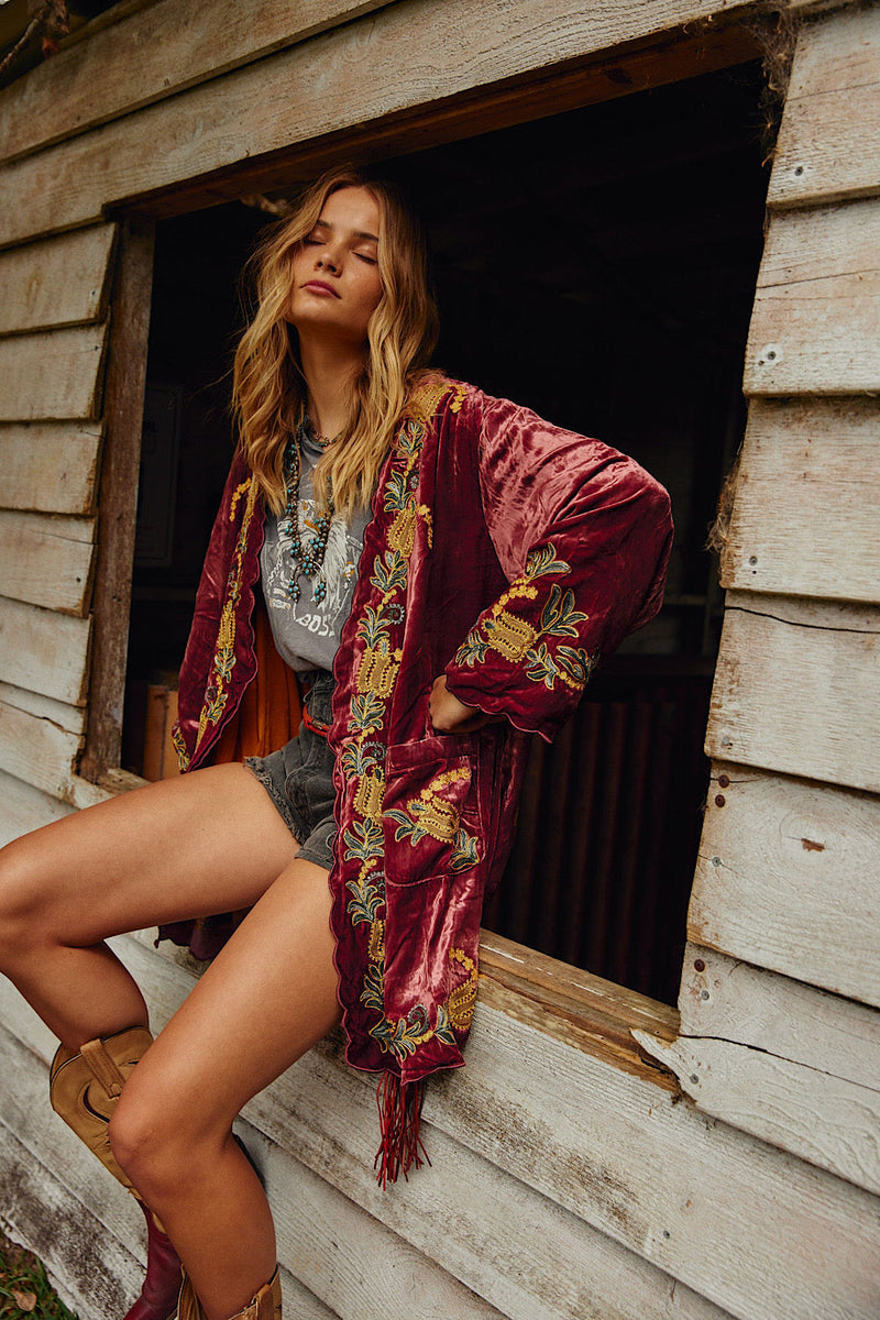 Proud Mary Silk Velvet And Embroidered Short Housecoat - Ruby - Chasing Unicorns