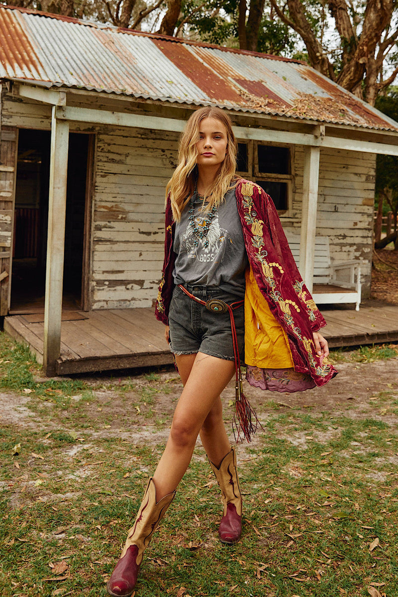 Proud Mary Silk Velvet And Embroidered Short Housecoat - Ruby - Chasing Unicorns