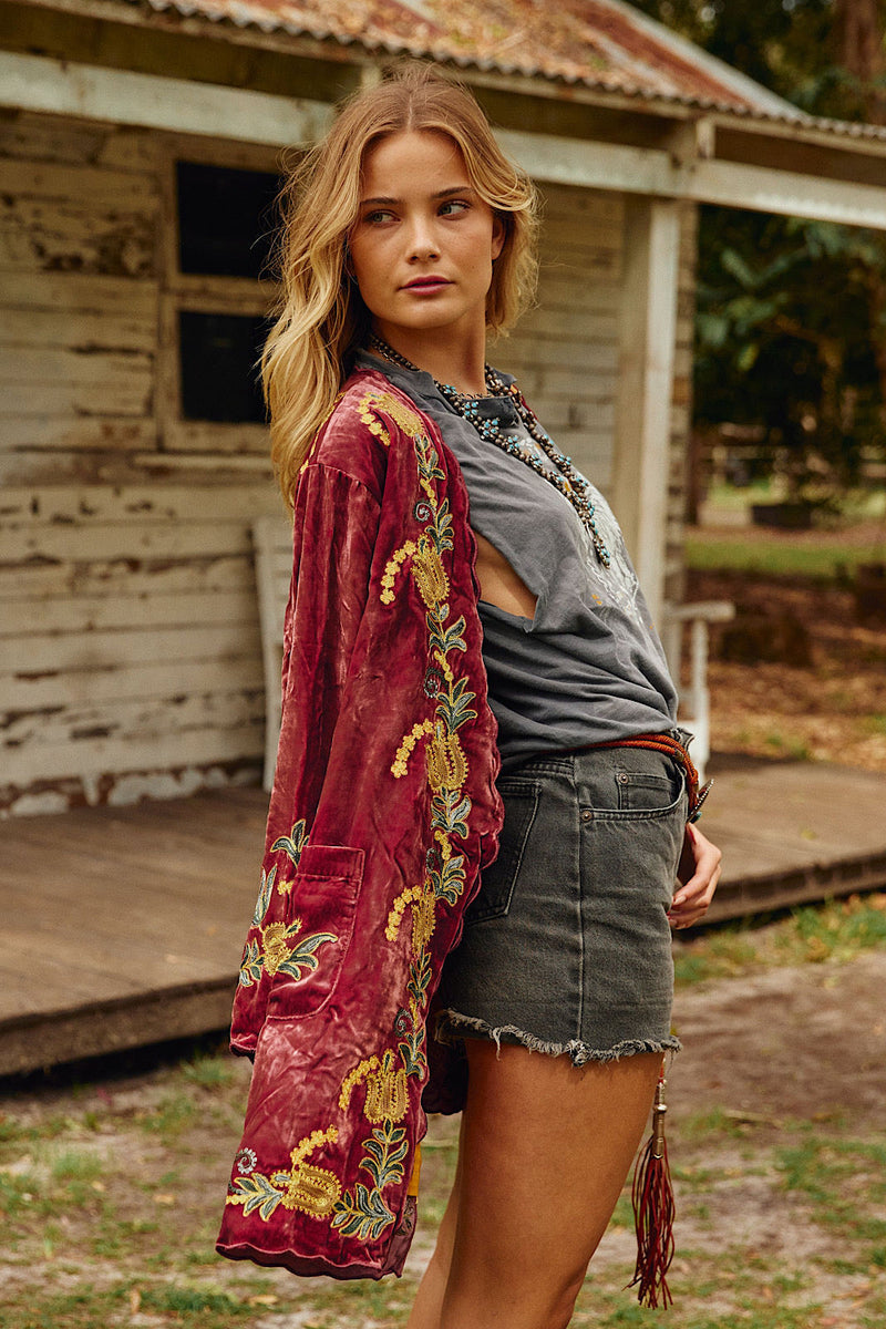 Proud Mary Silk Velvet And Embroidered Short Housecoat - Ruby - Chasing Unicorns