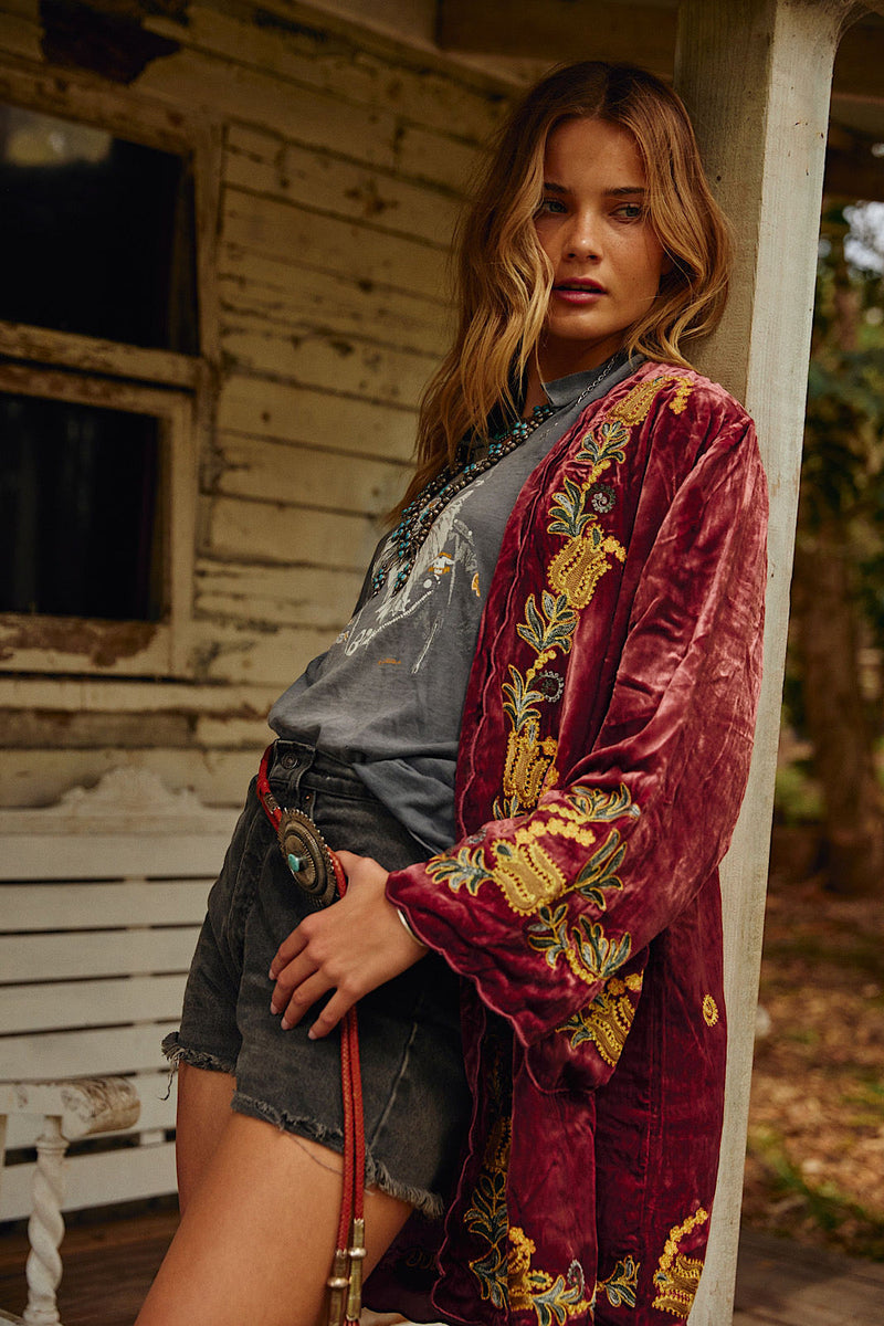 Proud Mary Silk Velvet And Embroidered Short Housecoat - Ruby - Chasing Unicorns