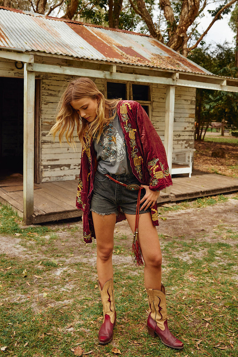 Proud Mary Silk Velvet And Embroidered Short Housecoat - Ruby - Chasing Unicorns