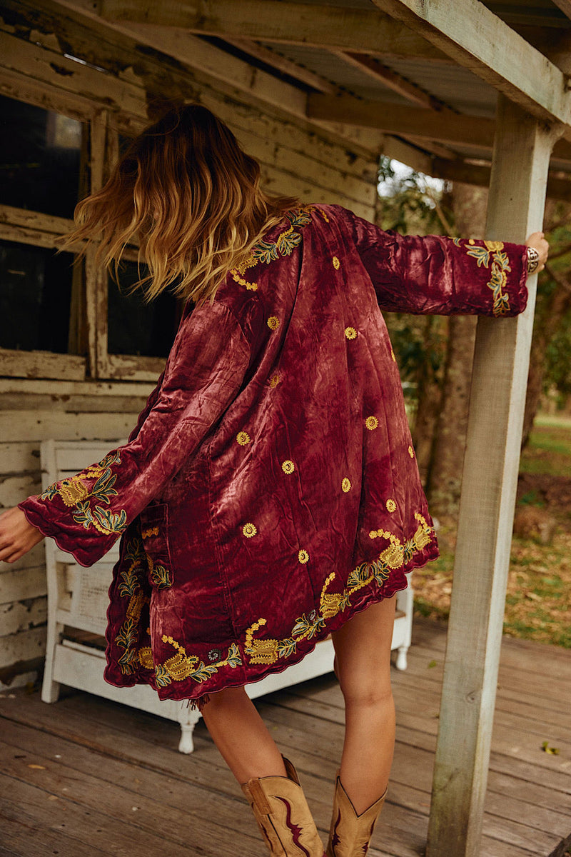 Proud Mary Silk Velvet And Embroidered Short Housecoat - Ruby - Chasing Unicorns