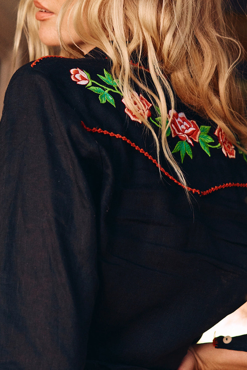 Rebel Yell Linen Western Blouse - Black - Chasing Unicorns