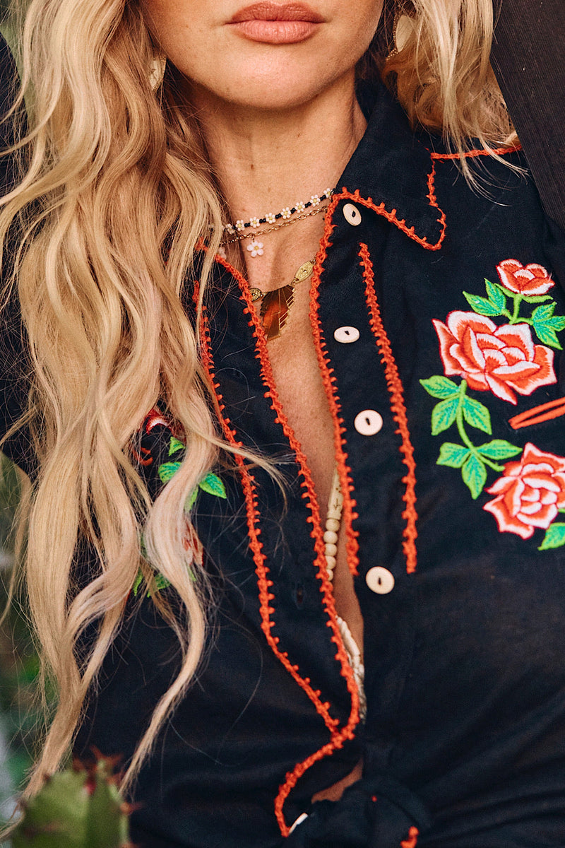 Rebel Yell Linen Western Blouse - Black - Chasing Unicorns