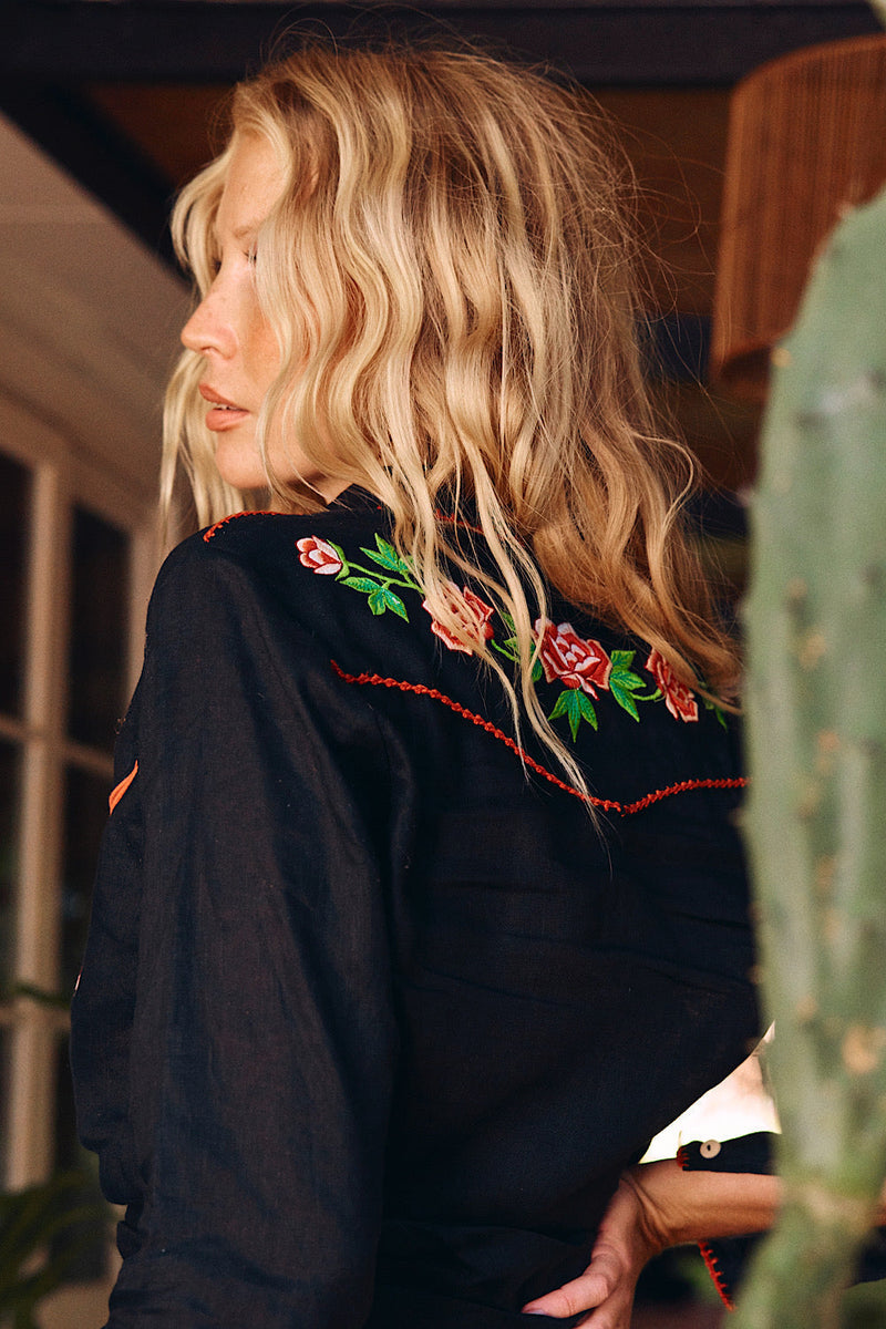 Rebel Yell Linen Western Blouse - Black - Chasing Unicorns