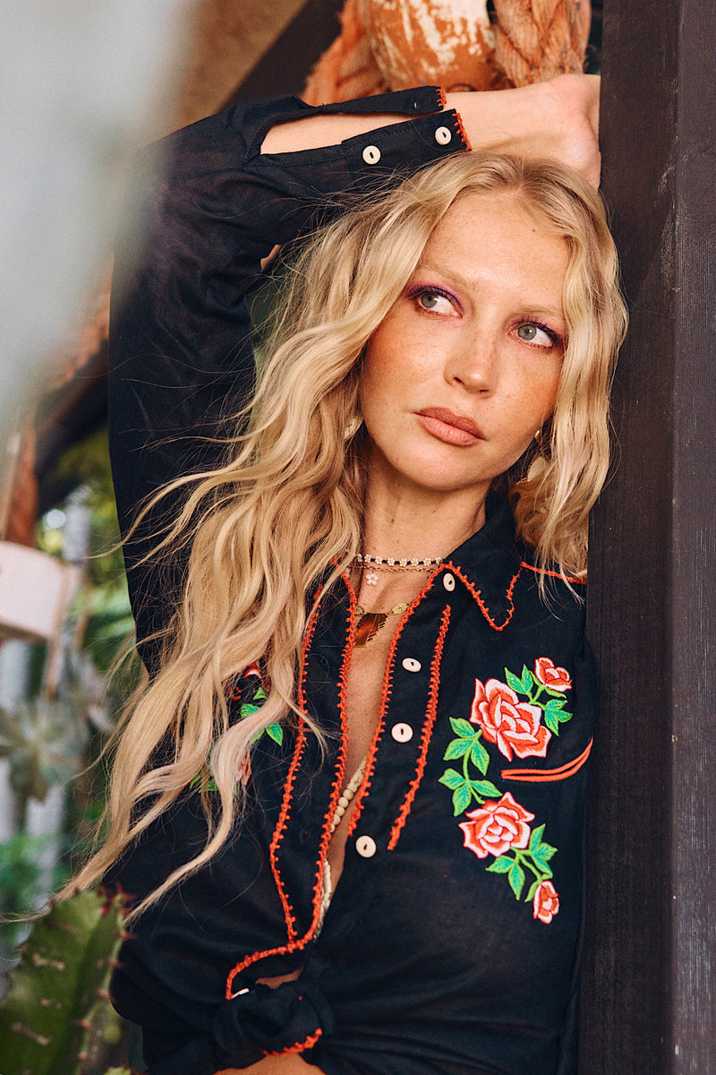 Rebel Yell Linen Western Blouse - Black - Chasing Unicorns