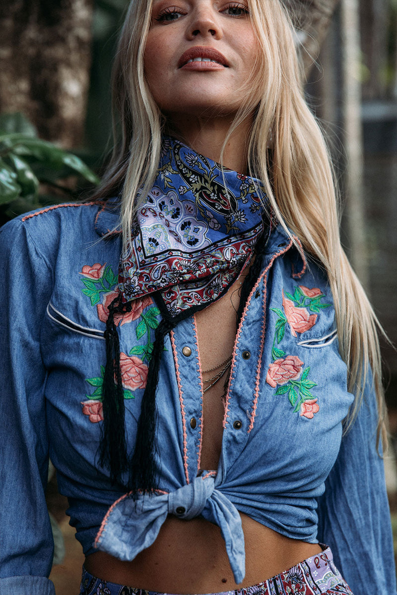 Rebel Yell Western Blouse - Chambray - Chasing Unicorns