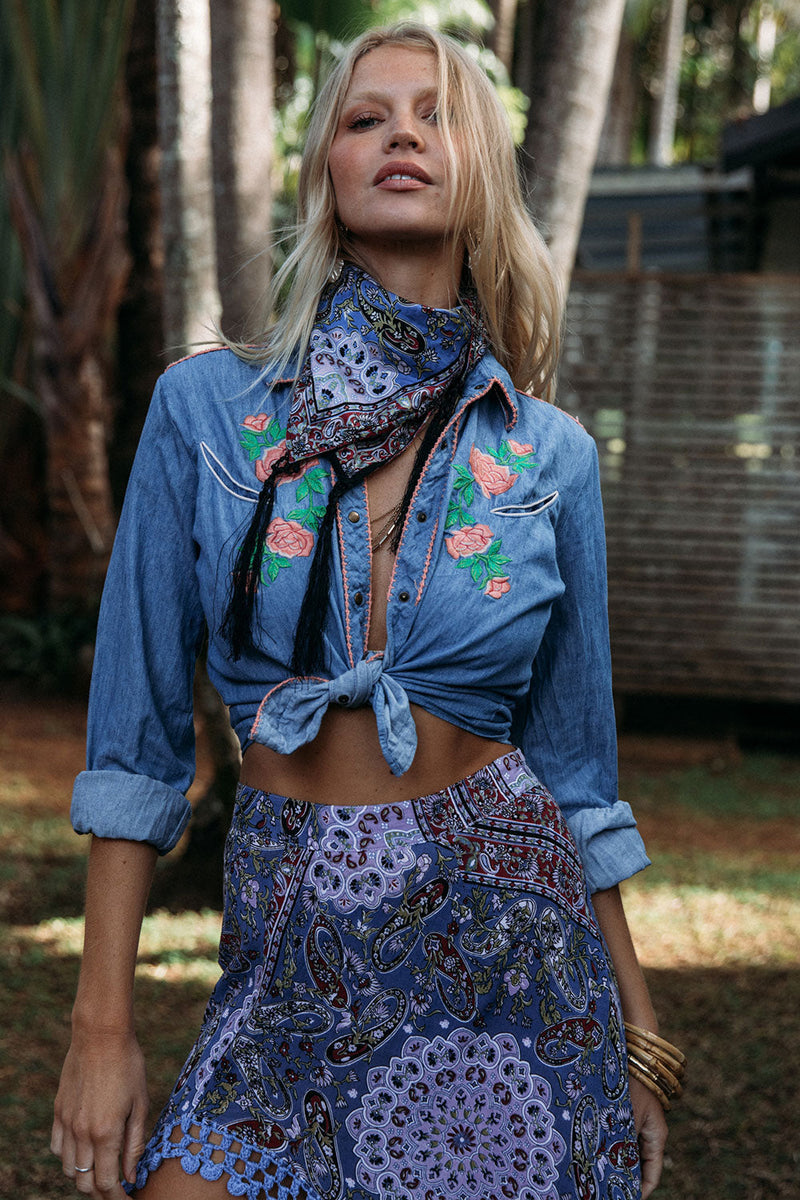 Rebel Yell Western Blouse - Chambray - Chasing Unicorns