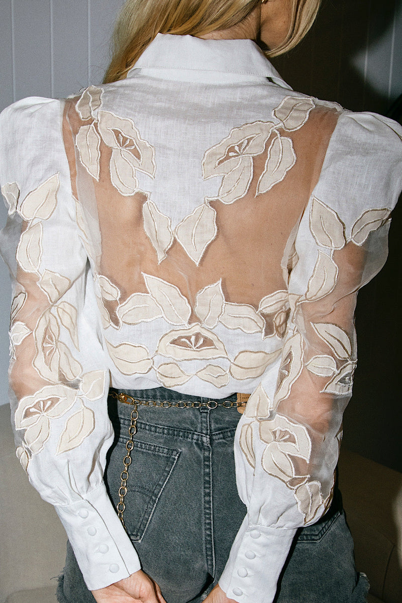 Rocks Off Linen + Organza Blouse With Floral Appliqués - Ivory - Chasing Unicorns