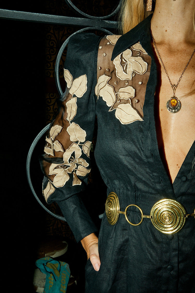 Rocks Off Linen + Organza Jumpsuit With Floral Appliqués - Chasing Unicorns