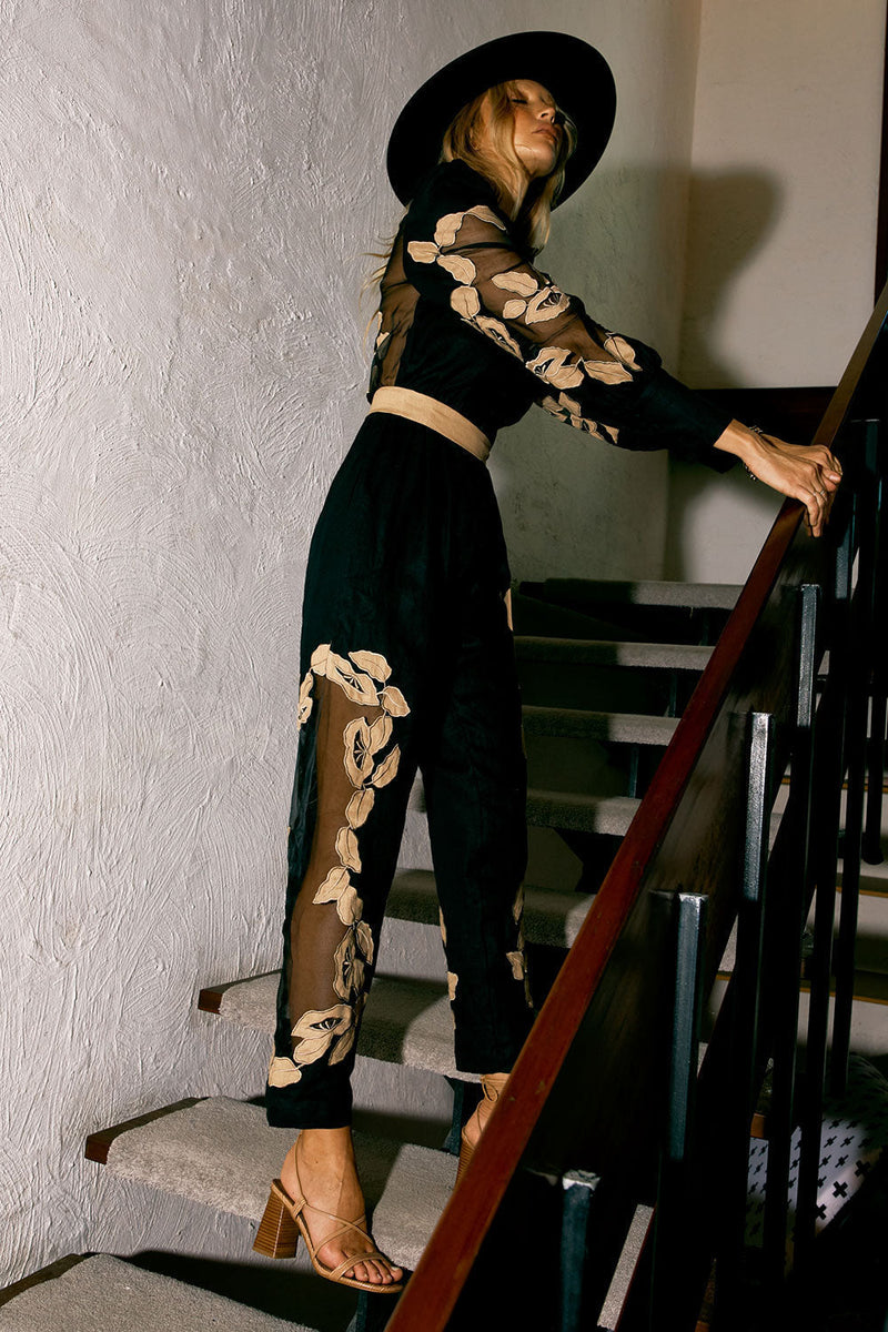 Rocks Off Linen + Organza Jumpsuit With Floral Appliqués - Chasing Unicorns