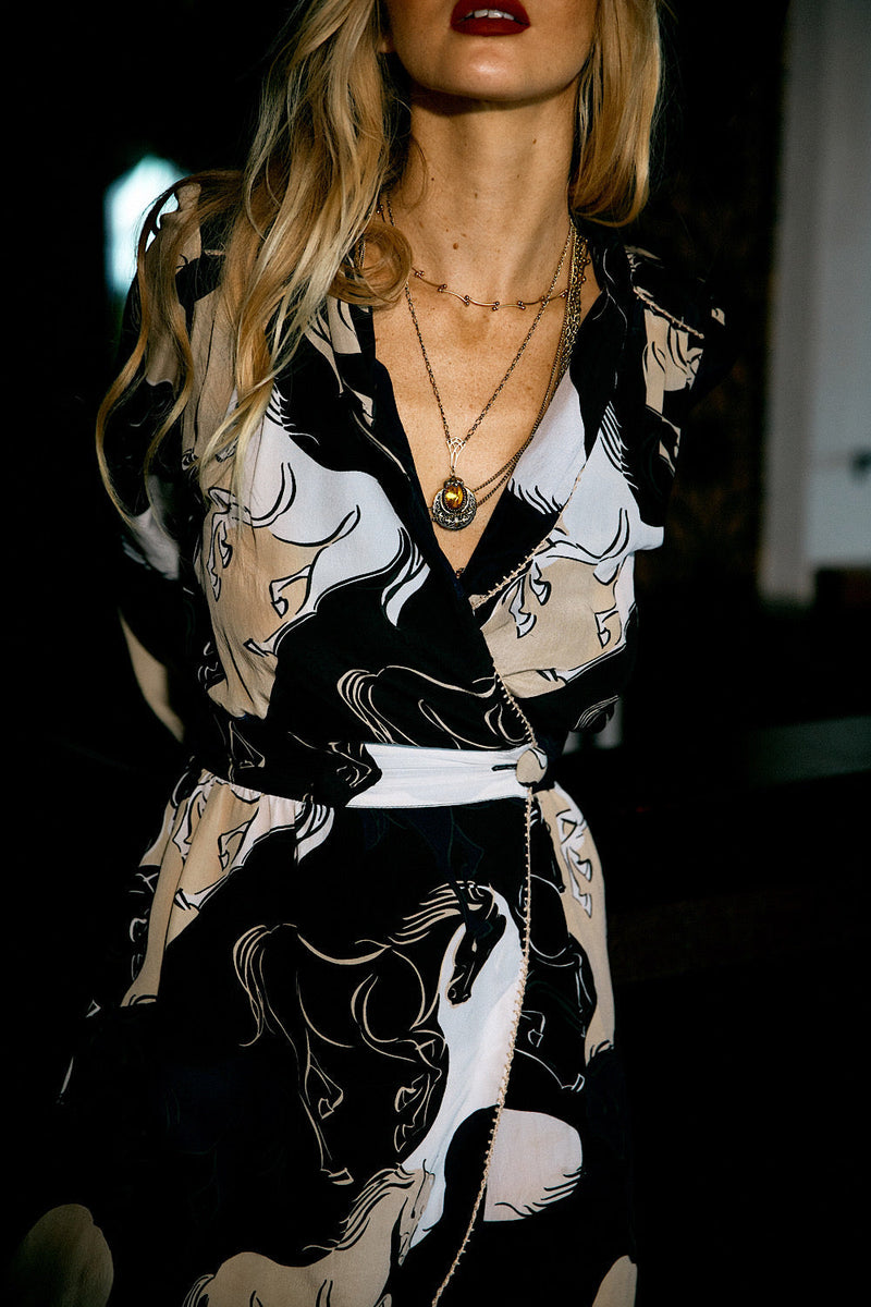 Runaway Horses Silk Crepe Wrap Dress - Black - Chasing Unicorns
