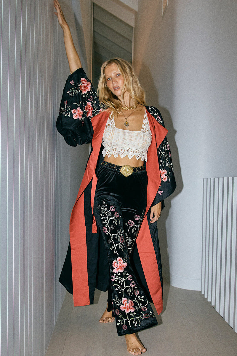 Since You'Ve Been Gone Embroidered Stretch Velvet Flares - Chasing Unicorns