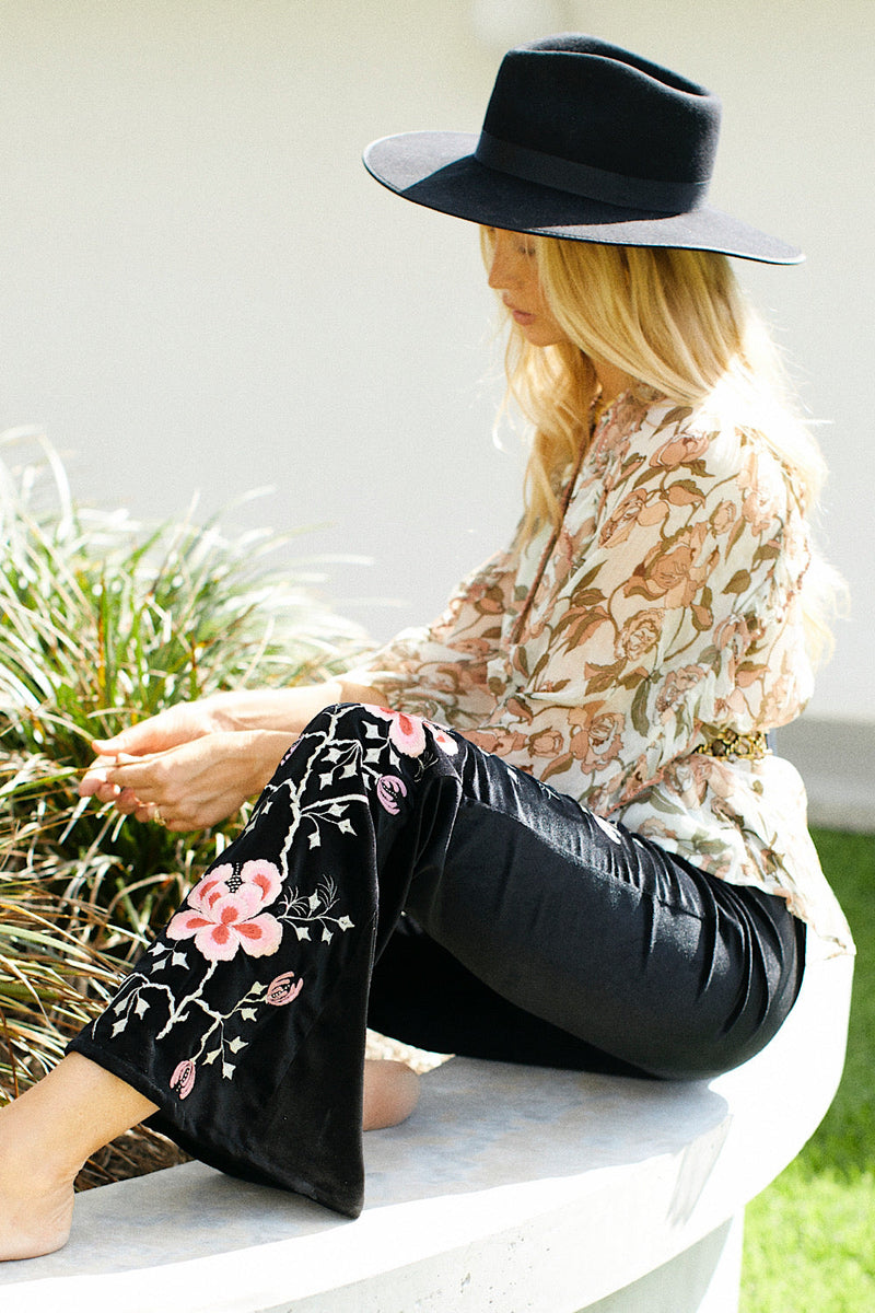 Since You'Ve Been Gone Embroidered Stretch Velvet Flares - Chasing Unicorns