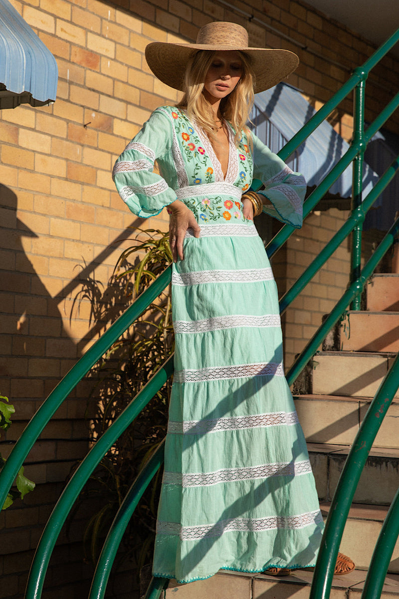 South Of The Border Mexican Maxi Dress - Aqua - Chasing Unicorns