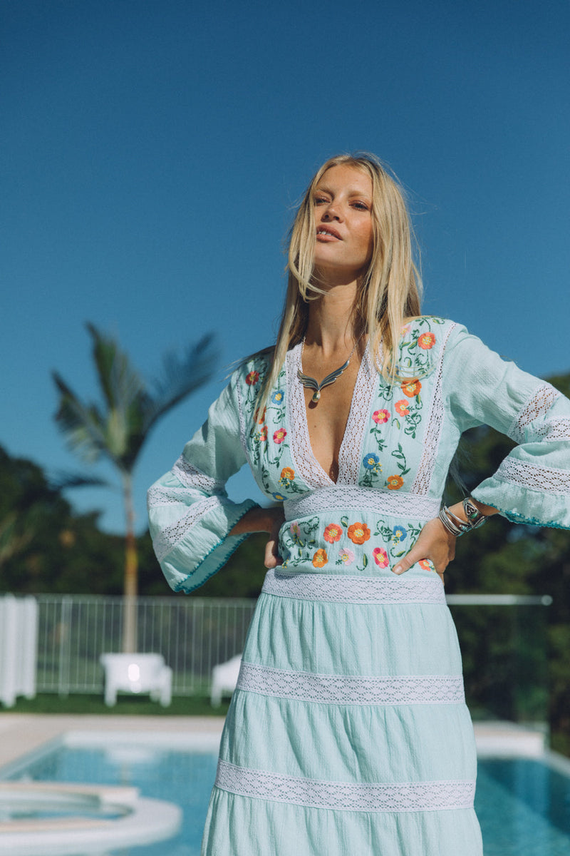 South Of The Border Mexican Maxi Dress - Aqua - Chasing Unicorns