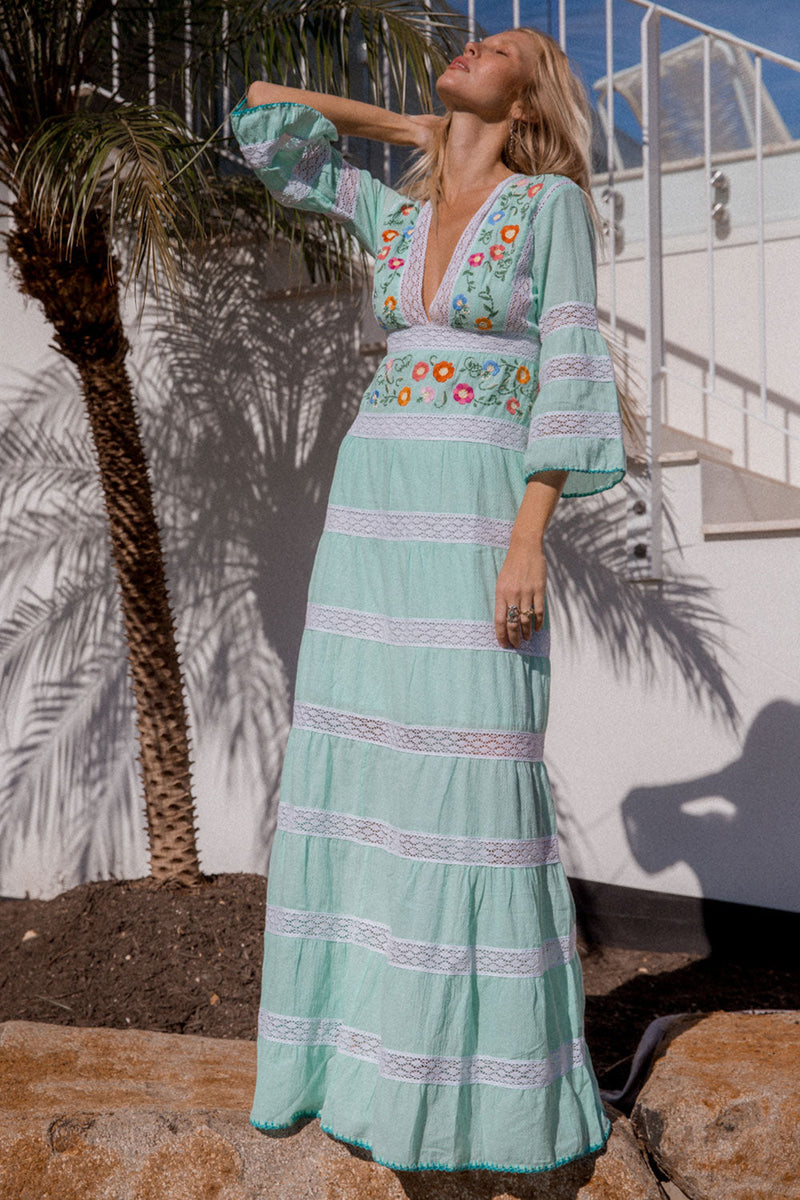 South Of The Border Mexican Maxi Dress - Aqua - Chasing Unicorns