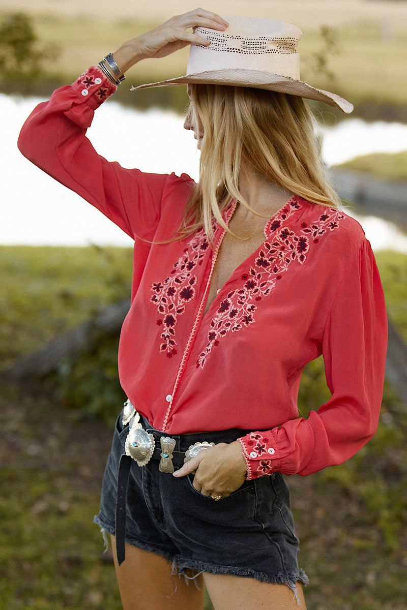 Swinging Doors Silk Crepe Embroidered Blouse - Chasing Unicorns