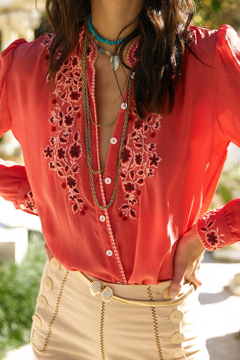 Swinging Doors Silk Crepe Embroidered Blouse - Chasing Unicorns