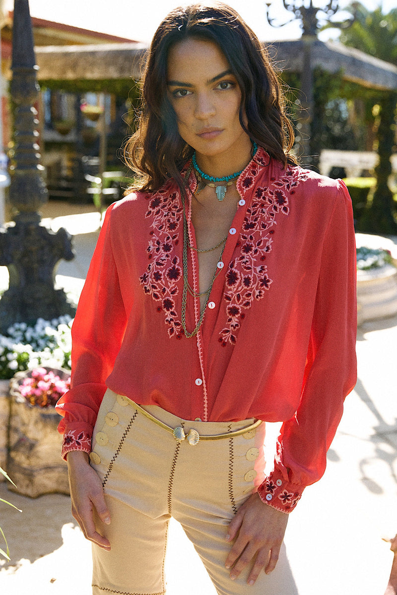 Swinging Doors Silk Crepe Embroidered Blouse - Chasing Unicorns