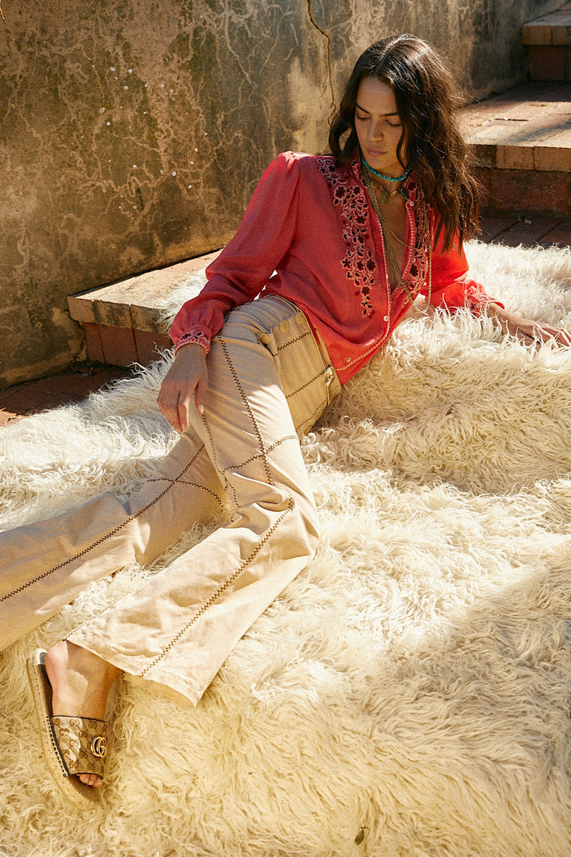 Swinging Doors Silk Crepe Embroidered Blouse - Chasing Unicorns