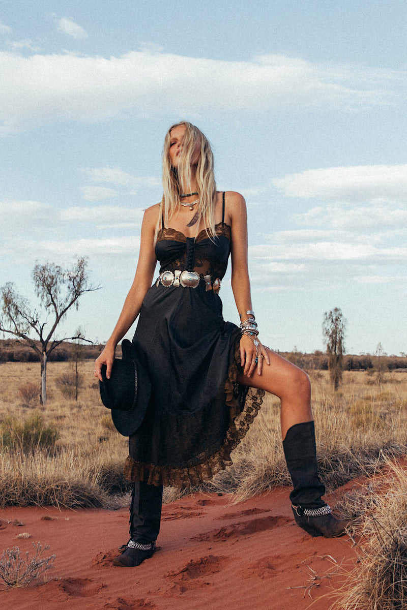 Take The Long Road Home Silk + Lace Slip Dress - Black - Chasing Unicorns