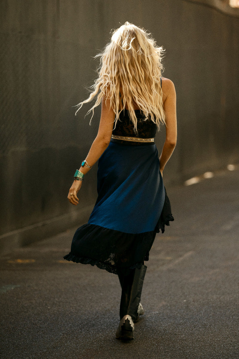 Take The Long Road Home Silk + Lace Slip Dress - Navy - Chasing Unicorns
