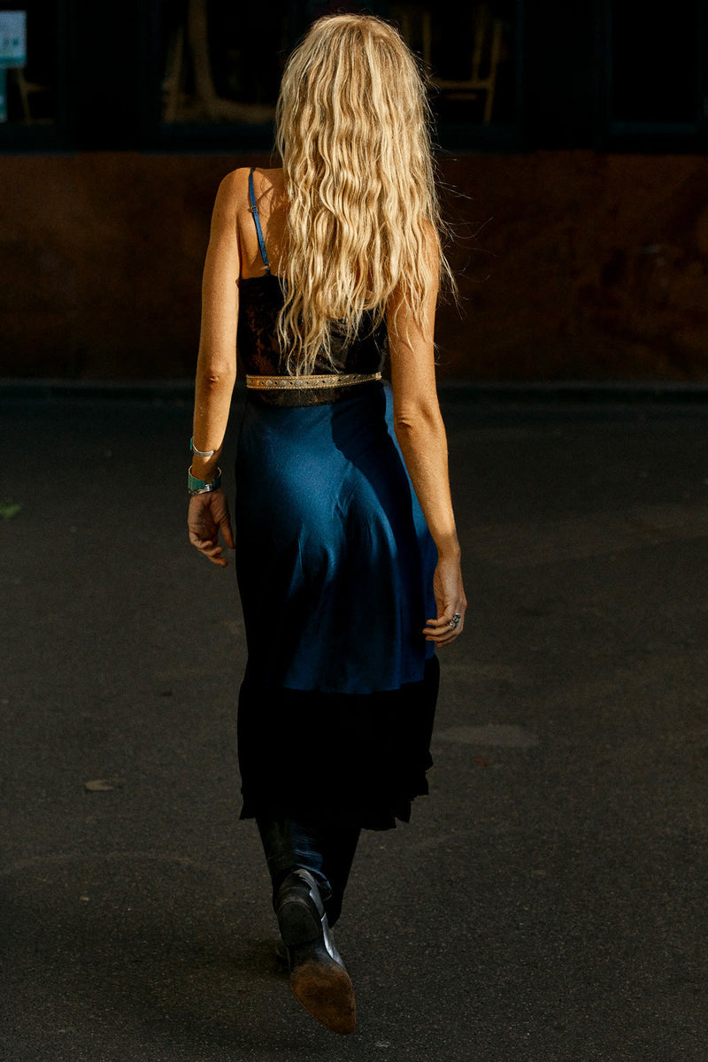 Take The Long Road Home Silk + Lace Slip Dress - Navy - Chasing Unicorns