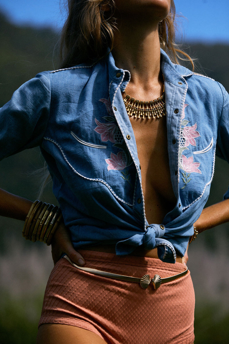 This Flight Tonight Chambray Western Shirt - Chasing Unicorns