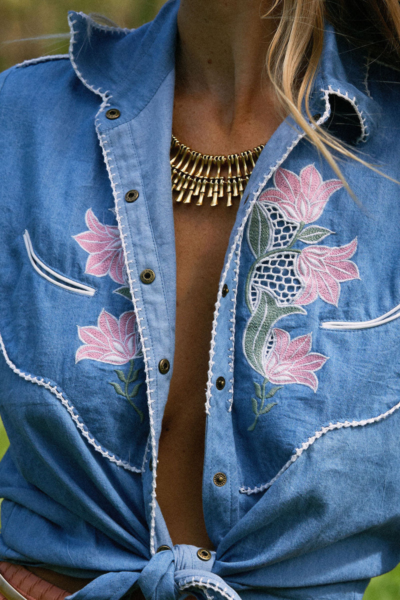 This Flight Tonight Chambray Western Shirt - Chasing Unicorns