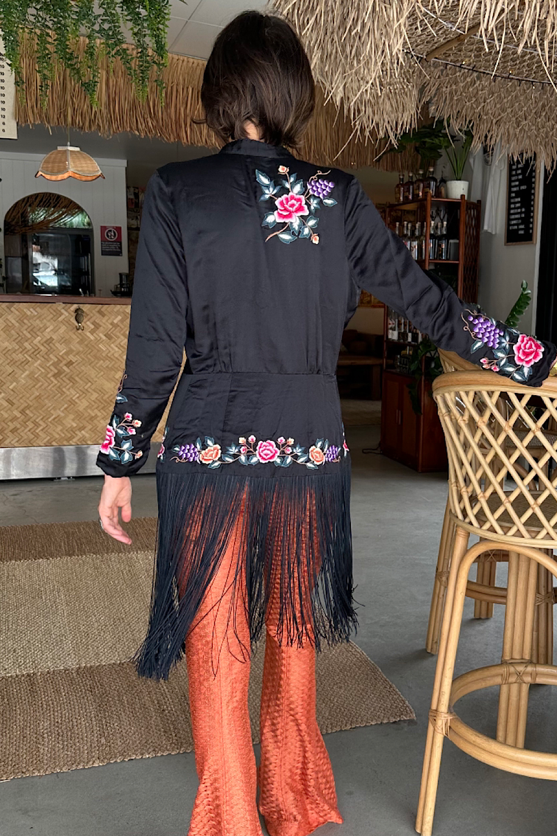 Wandering Eye Silk + Embroidered Fringe Jacket - Chasing Unicorns