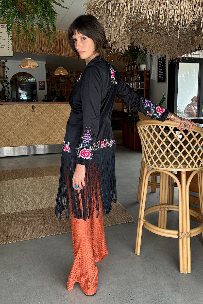Wandering Eye Silk + Embroidered Fringe Jacket - Chasing Unicorns