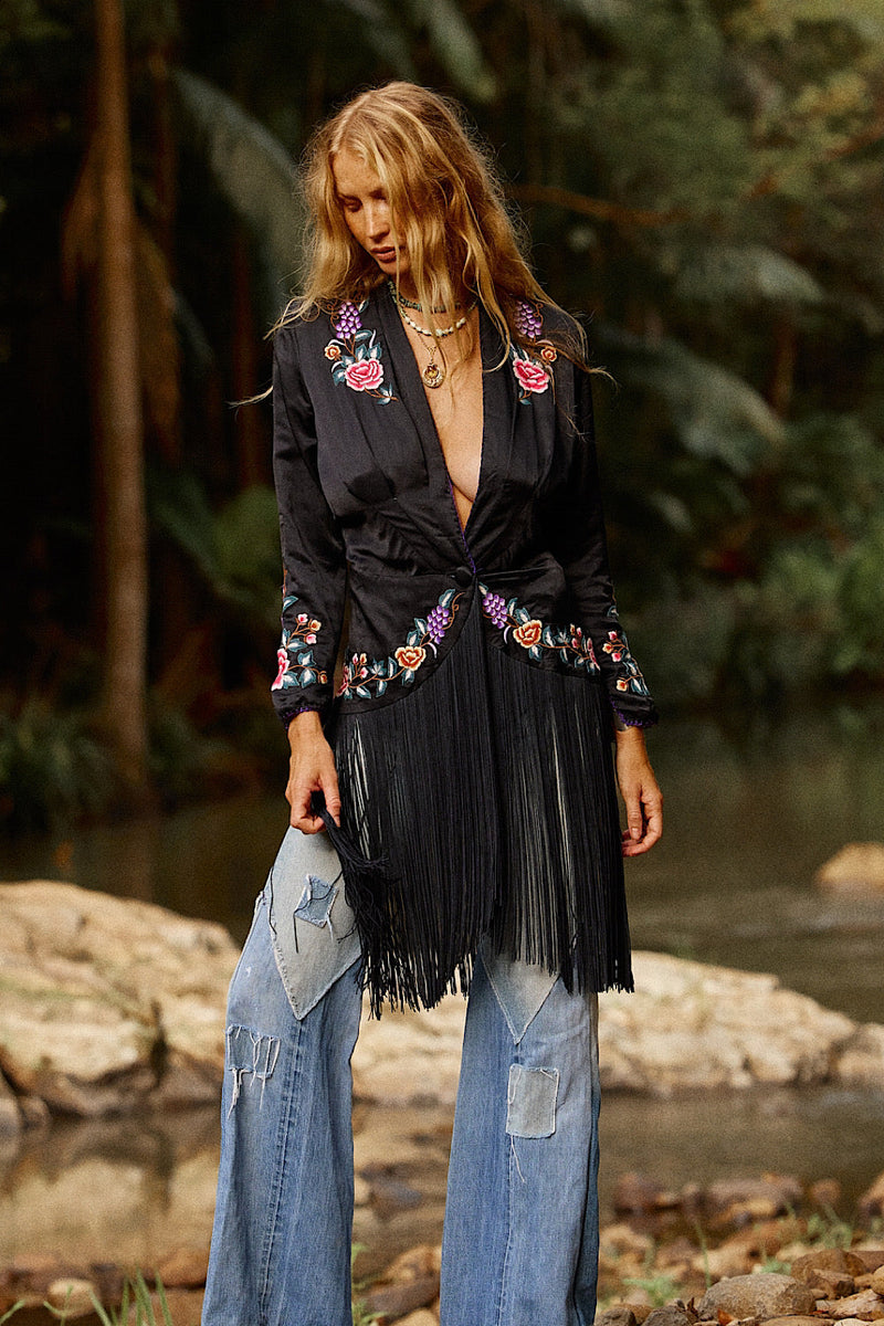 Wandering Eye Silk + Embroidered Fringe Jacket - Chasing Unicorns