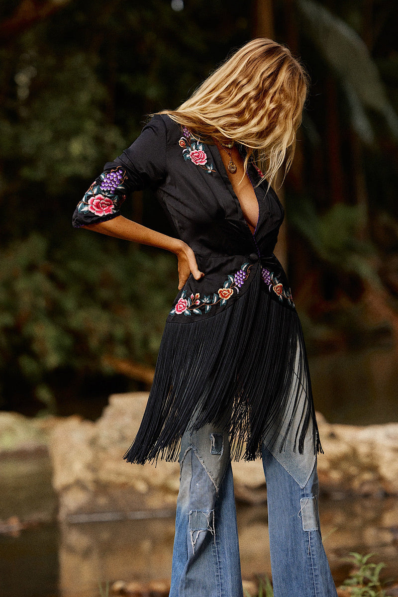 Wandering Eye Silk + Embroidered Fringe Jacket - Chasing Unicorns