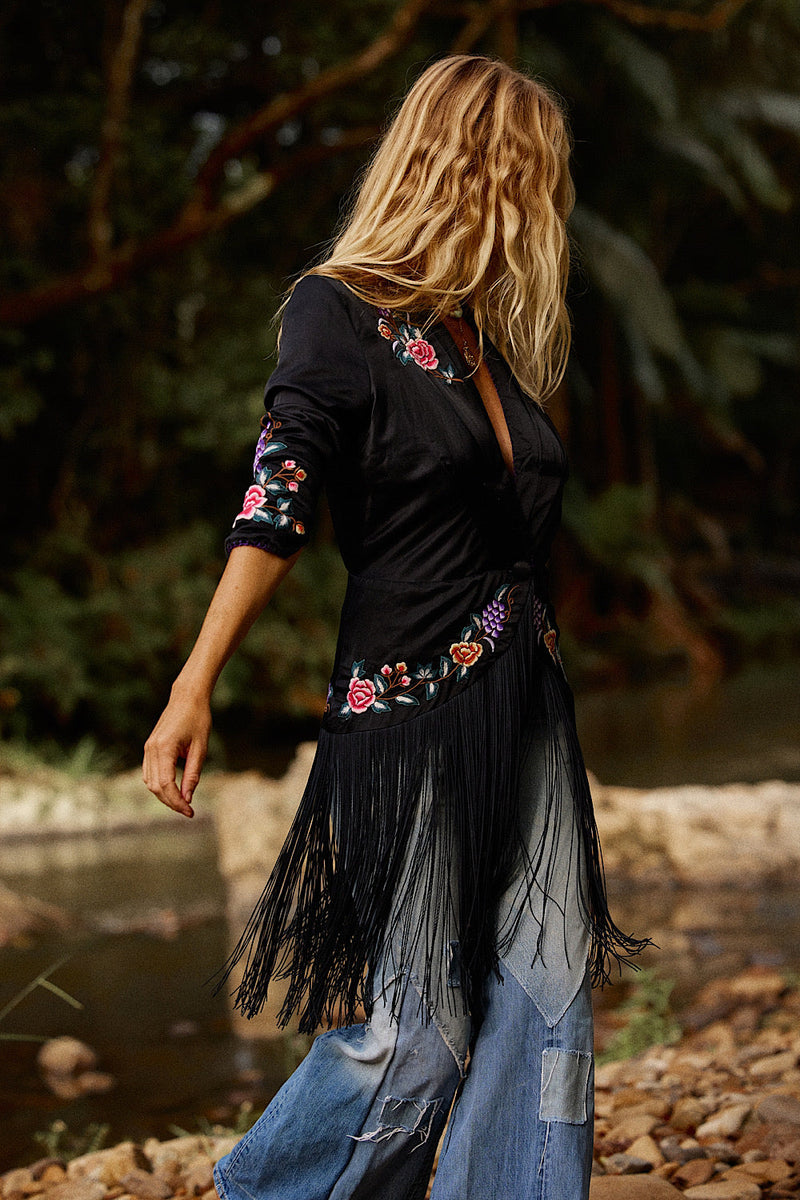 Wandering Eye Silk + Embroidered Fringe Jacket - Chasing Unicorns