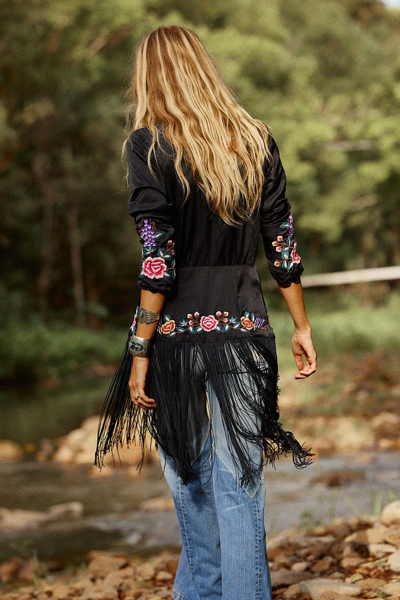 Wandering Eye Silk + Embroidered Fringe Jacket - Chasing Unicorns
