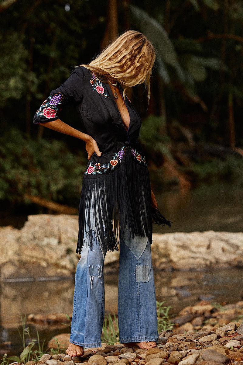 Wandering Eye Silk + Embroidered Fringe Jacket - Chasing Unicorns
