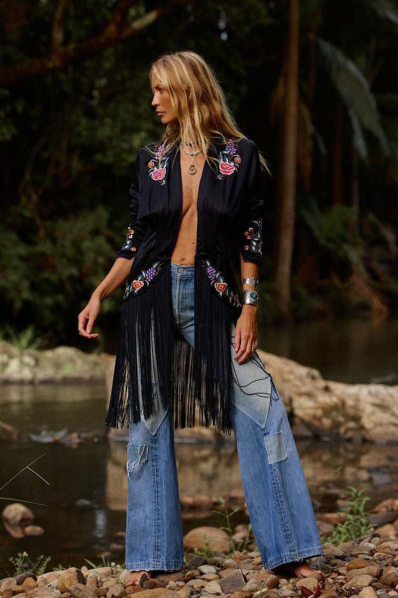 Wandering Eye Silk + Embroidered Fringe Jacket - Chasing Unicorns