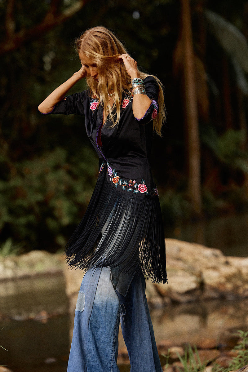 Wandering Eye Silk + Embroidered Fringe Jacket - Chasing Unicorns
