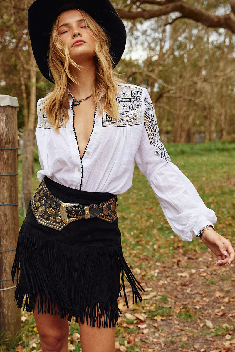 Well All Right Textural Cotton Cutwork Embroidered Poet Sleeve Blouse - Chasing Unicorns