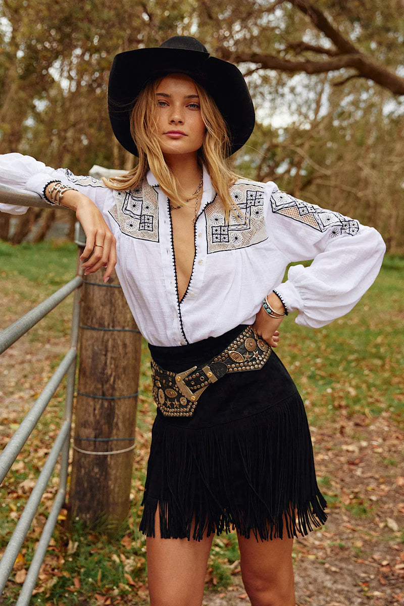 Well All Right Textural Cotton Cutwork Embroidered Poet Sleeve Blouse - Chasing Unicorns