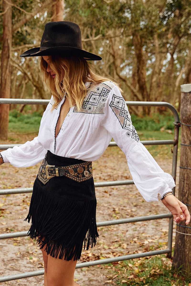 Well All Right Textural Cotton Cutwork Embroidered Poet Sleeve Blouse - Chasing Unicorns