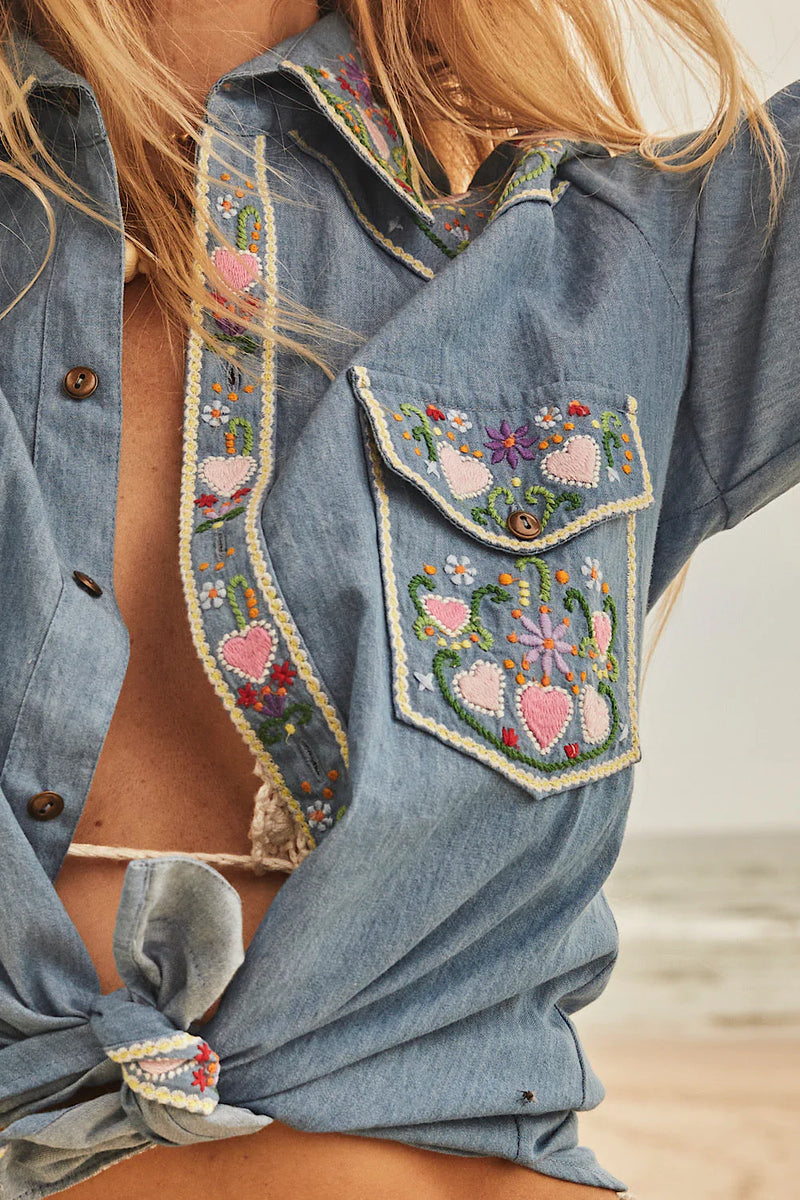Wildflowers Chambray Embroidered Western Shirt - Chasing Unicorns