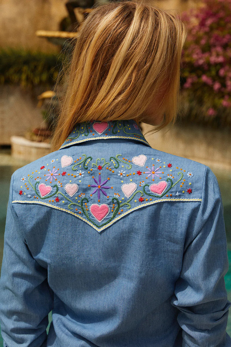 Wildflowers Chambray Embroidered Western Shirt - Chasing Unicorns
